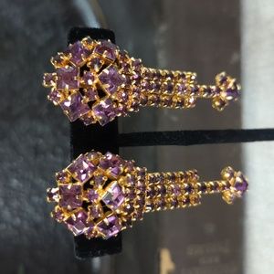 Vintage Jewelry Large Purple Faceted Rhinestone Dangle Earrings Gold Tone Prom
